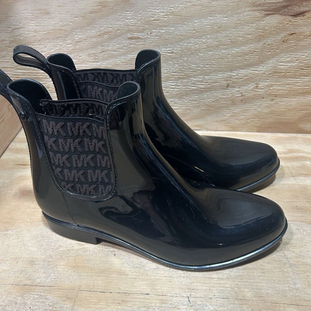 Michael Kors Women’s Black Rubber Rain Boots Size 10M Monogram Logo Chelsea